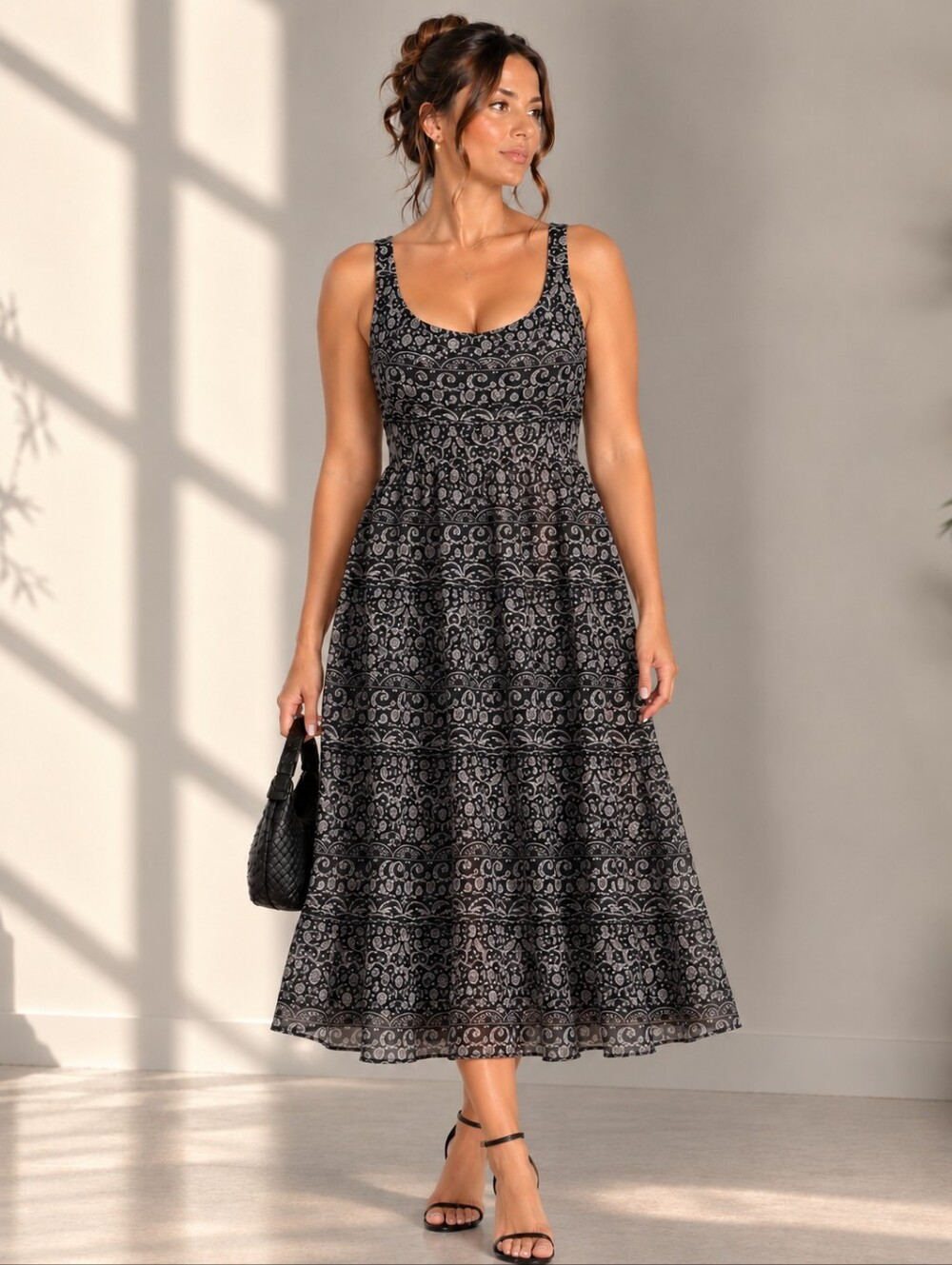 Nine West 100% Silk Black & Gray Floral Scroll Pattern Midi Dress Size 16